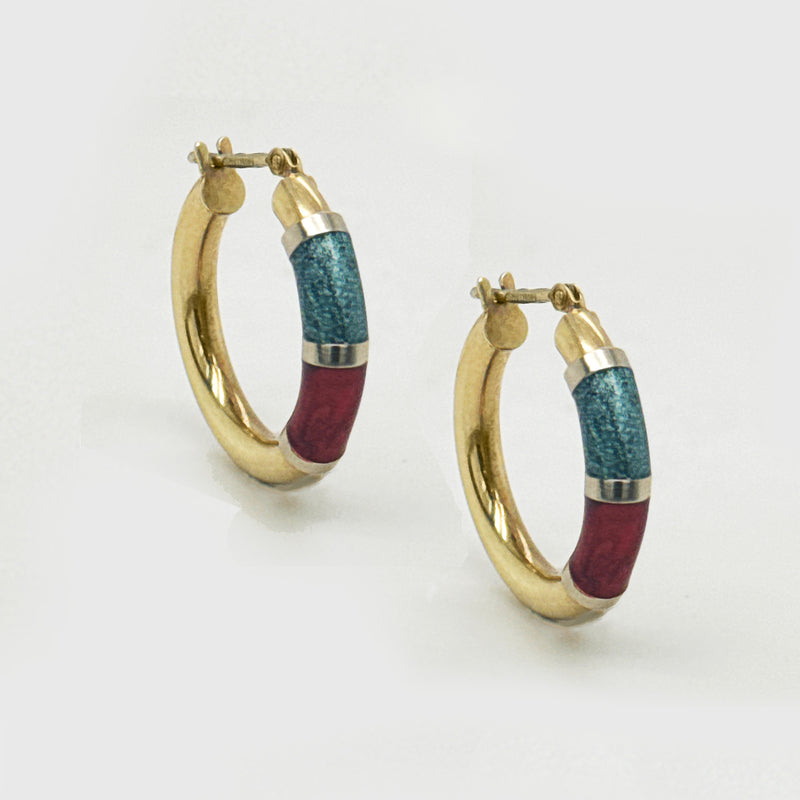 9K Yellow Gold Tricolour Enamel Hoop Earrings