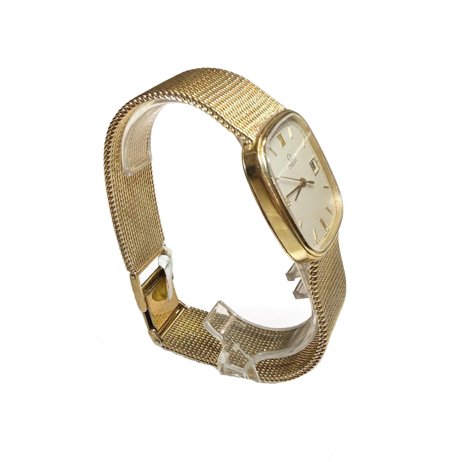 Vintage Omega Gold Cushion Case Dress Watch with Mesh Bracelet