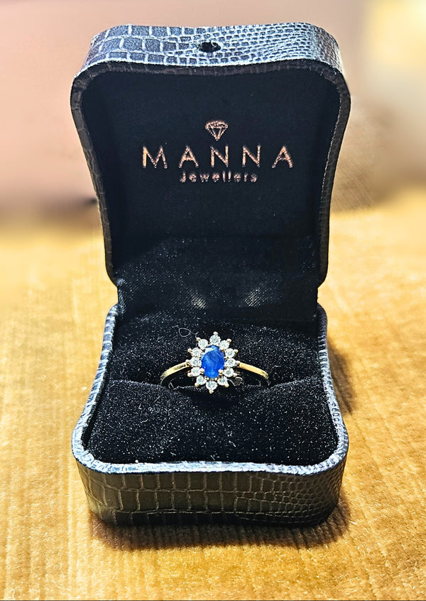 Oval Shape Blue Sapphire Engagement Ring - Diamond Halo Cluster in 18ct Gold and Platinum- Princess Diana Inspired