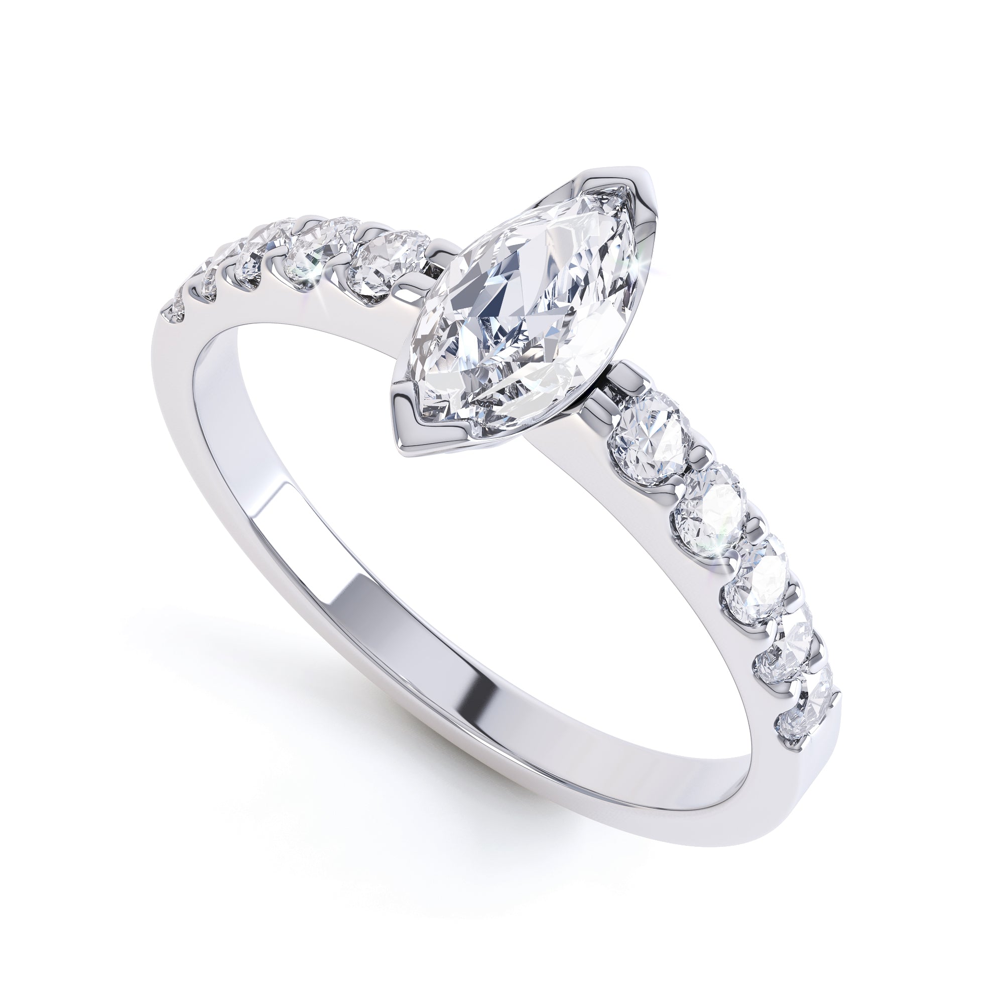 Marquise Cut Centre Stone, Two V claw, Diamond Engagement Ring with Scallop set Shoulders
