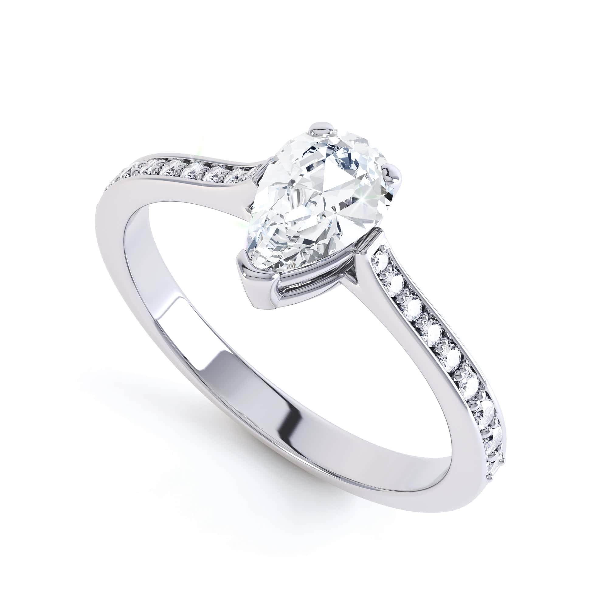 Diamond Engagement Ring- Pear Shaped, 3 V claws, Channel and grain Set Shoulders