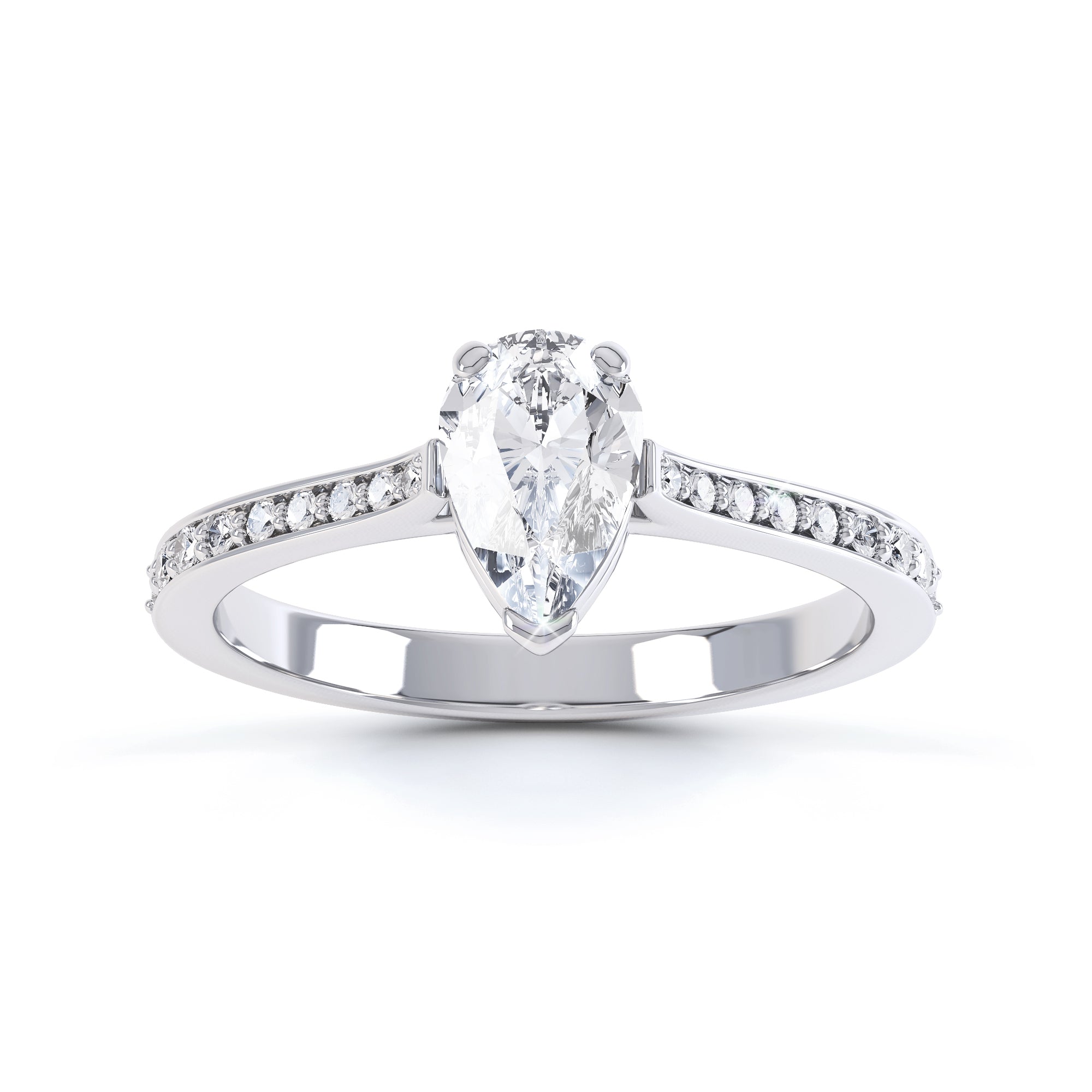 Diamond Engagement Ring- Pear Shaped, 3 V claws, Channel and grain Set Shoulders