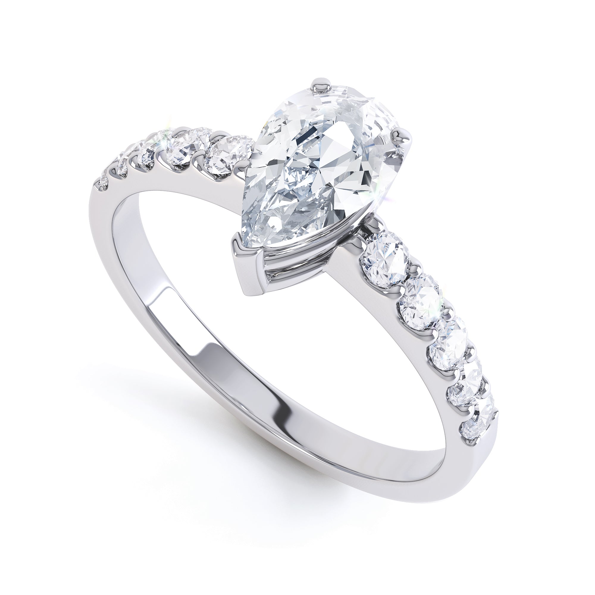 Diamond Engagement Ring- Pear Shaped, V claws Solitaire With Scollop Set Shank
