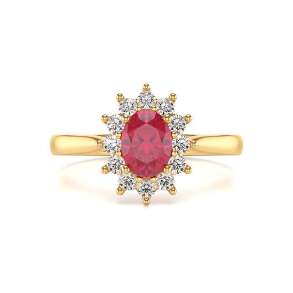 Diamond Halo Oval Shape Ruby Engagement Ring in 18ct Gold and Platinum
