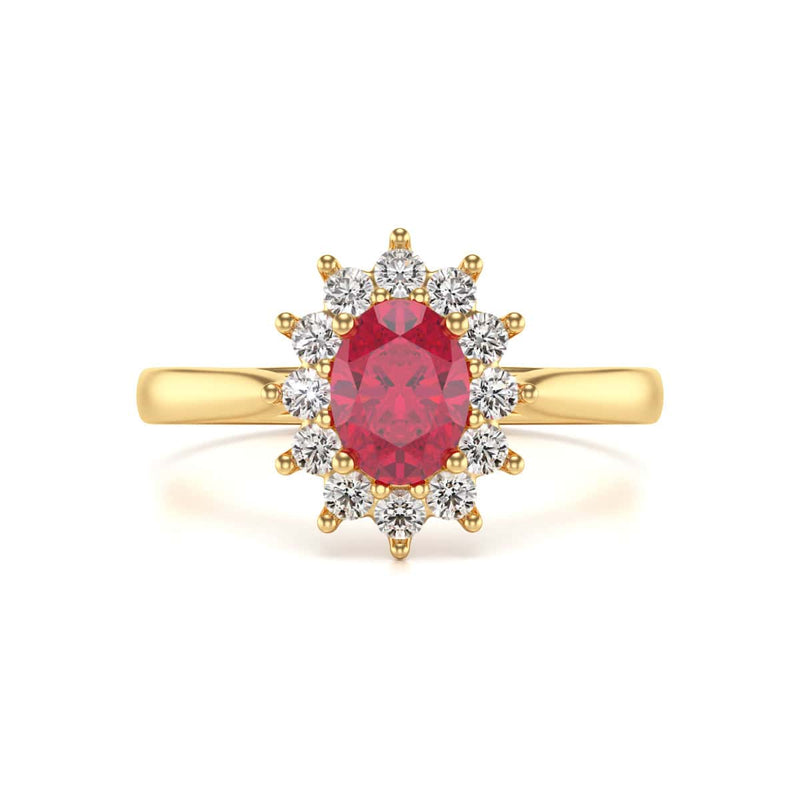 Diamond Halo Oval Shape Ruby Engagement Ring in 18ct Gold and Platinum