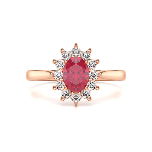 Diamond Halo Oval Shape Ruby Engagement Ring in 18ct Gold and Platinum