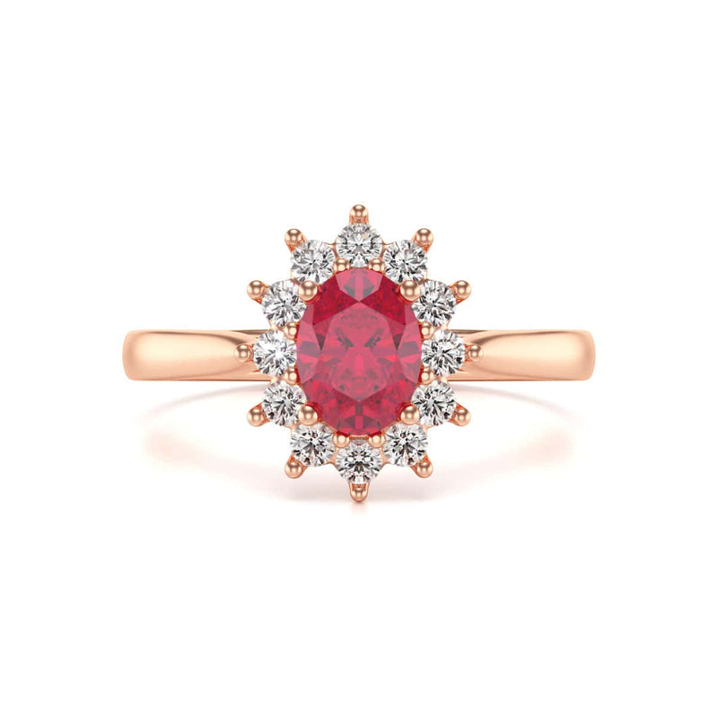Diamond Halo Oval Shape Ruby Engagement Ring in 18ct Gold and Platinum