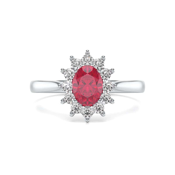 Diamond Halo Oval Shape Ruby Engagement Ring in 18ct Gold and Platinum