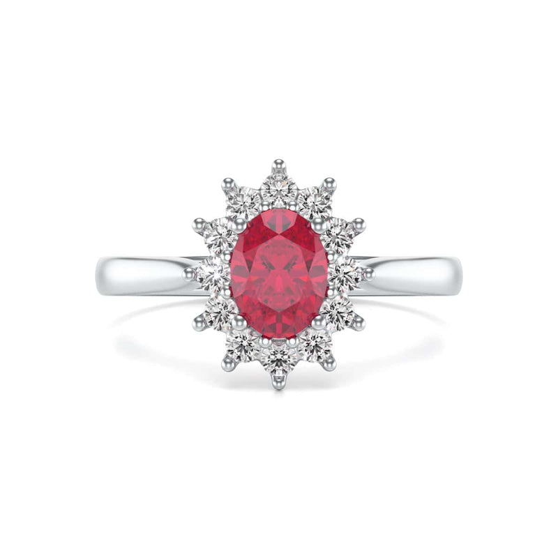 Diamond Halo Oval Shape Ruby Engagement Ring in 18ct Gold and Platinum