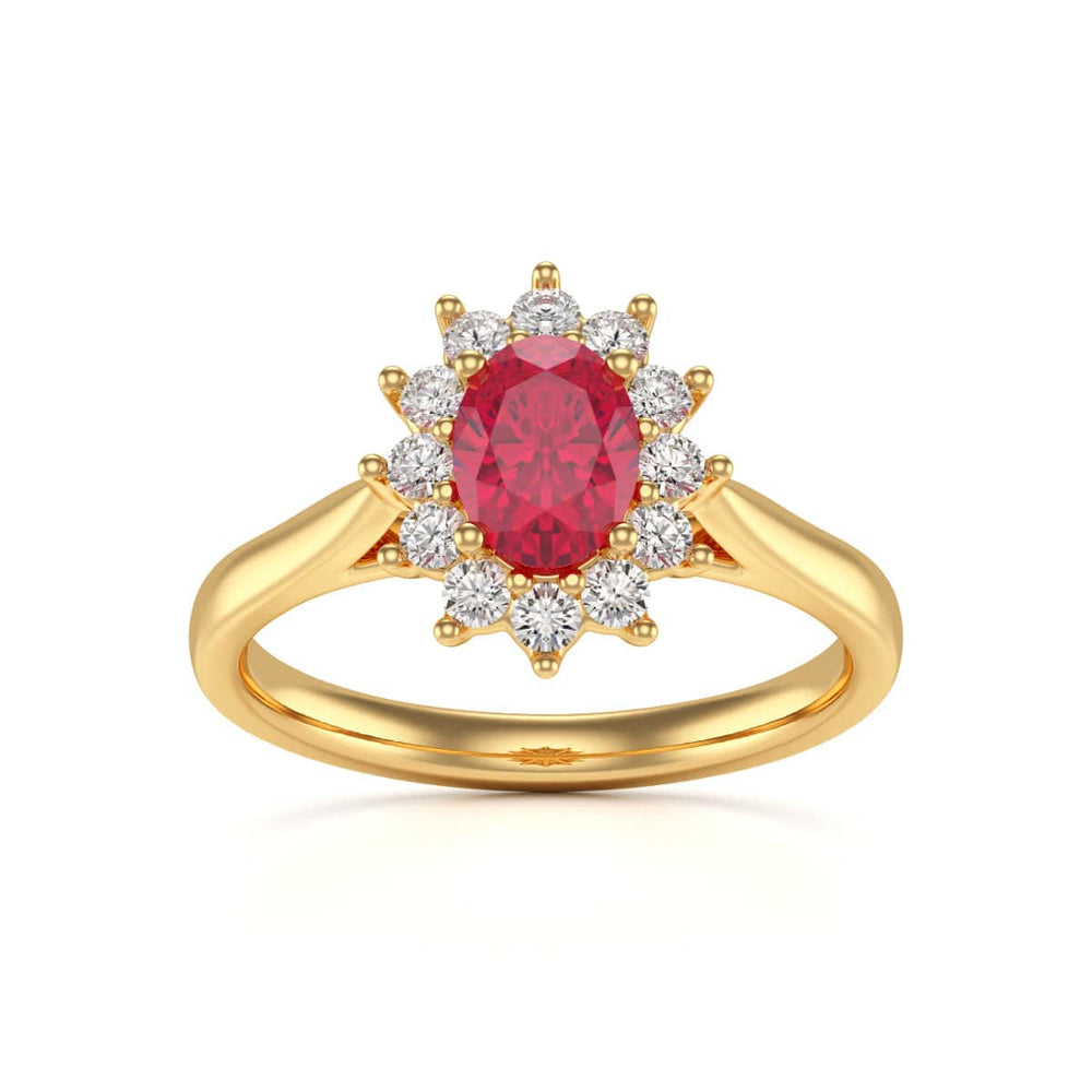 Diamond Halo Oval Shape Ruby Engagement Ring in 18ct Gold and Platinum