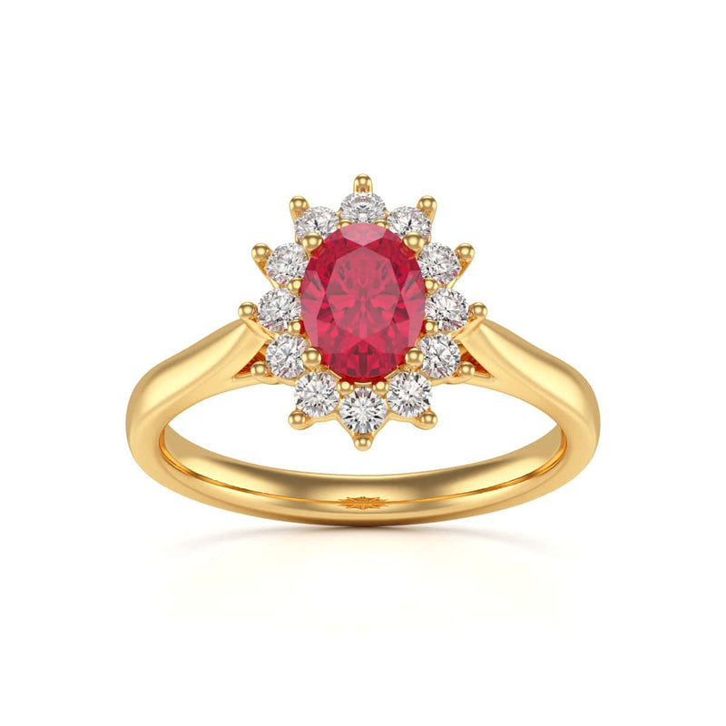 Diamond Halo Oval Shape Ruby Engagement Ring in 18ct Gold and Platinum