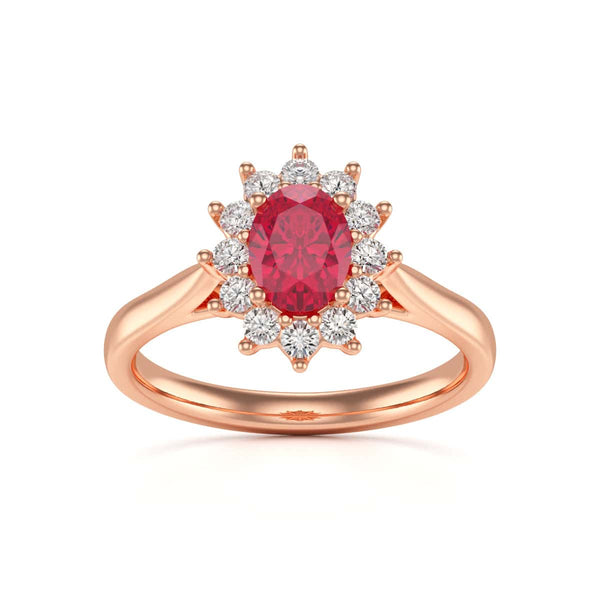 Diamond Halo Oval Shape Ruby Engagement Ring in 18ct Gold and Platinum