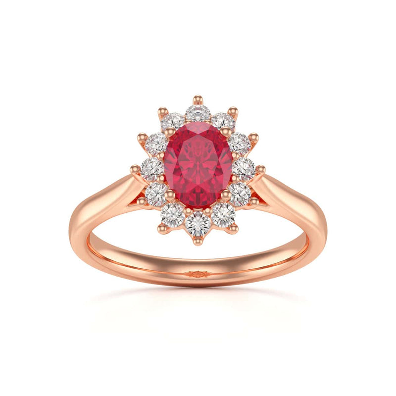 Diamond Halo Oval Shape Ruby Engagement Ring in 18ct Gold and Platinum