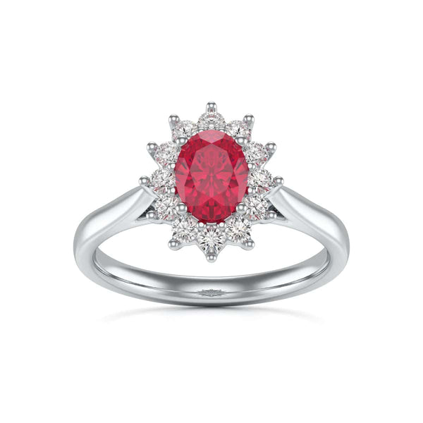 Diamond Halo Oval Shape Ruby Engagement Ring in 18ct Gold and Platinum