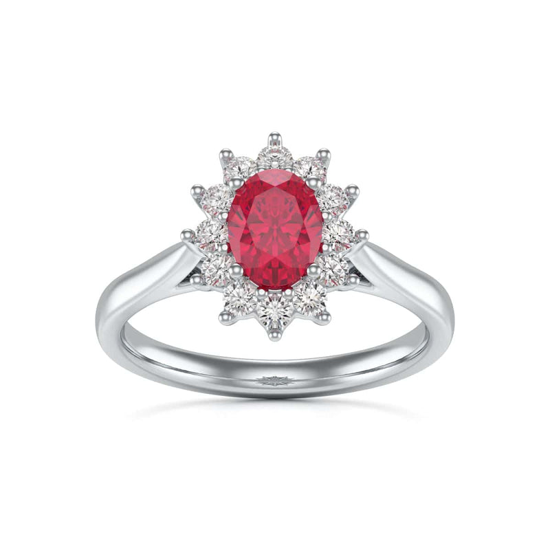 Diamond Halo Oval Shape Ruby Engagement Ring in 18ct Gold and Platinum