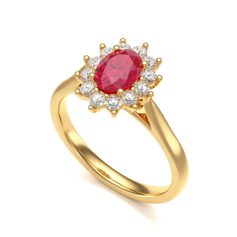 Diamond Halo Oval Shape Ruby Engagement Ring in 18ct Gold and Platinum
