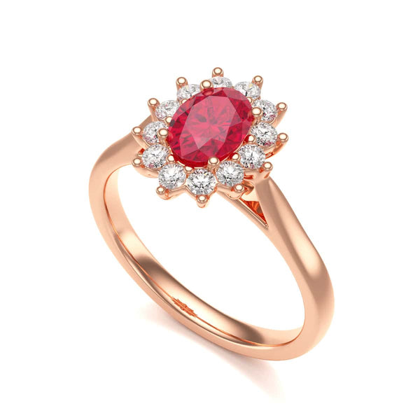 Diamond Halo Oval Shape Ruby Engagement Ring in 18ct Gold and Platinum
