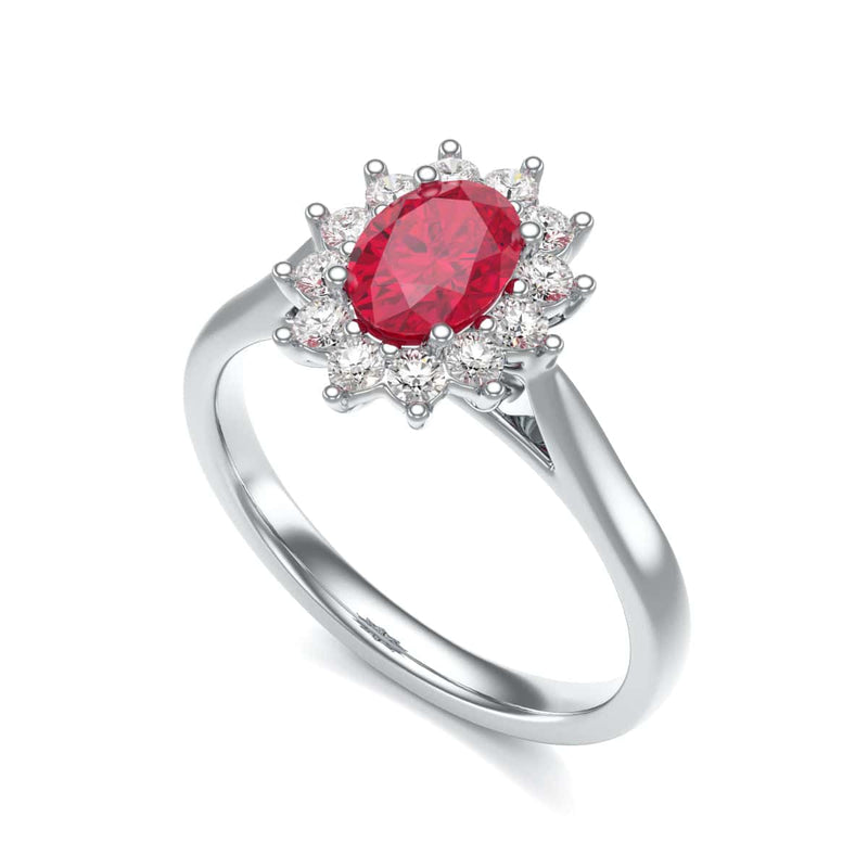 Diamond Halo Oval Shape Ruby Engagement Ring in 18ct Gold and Platinum