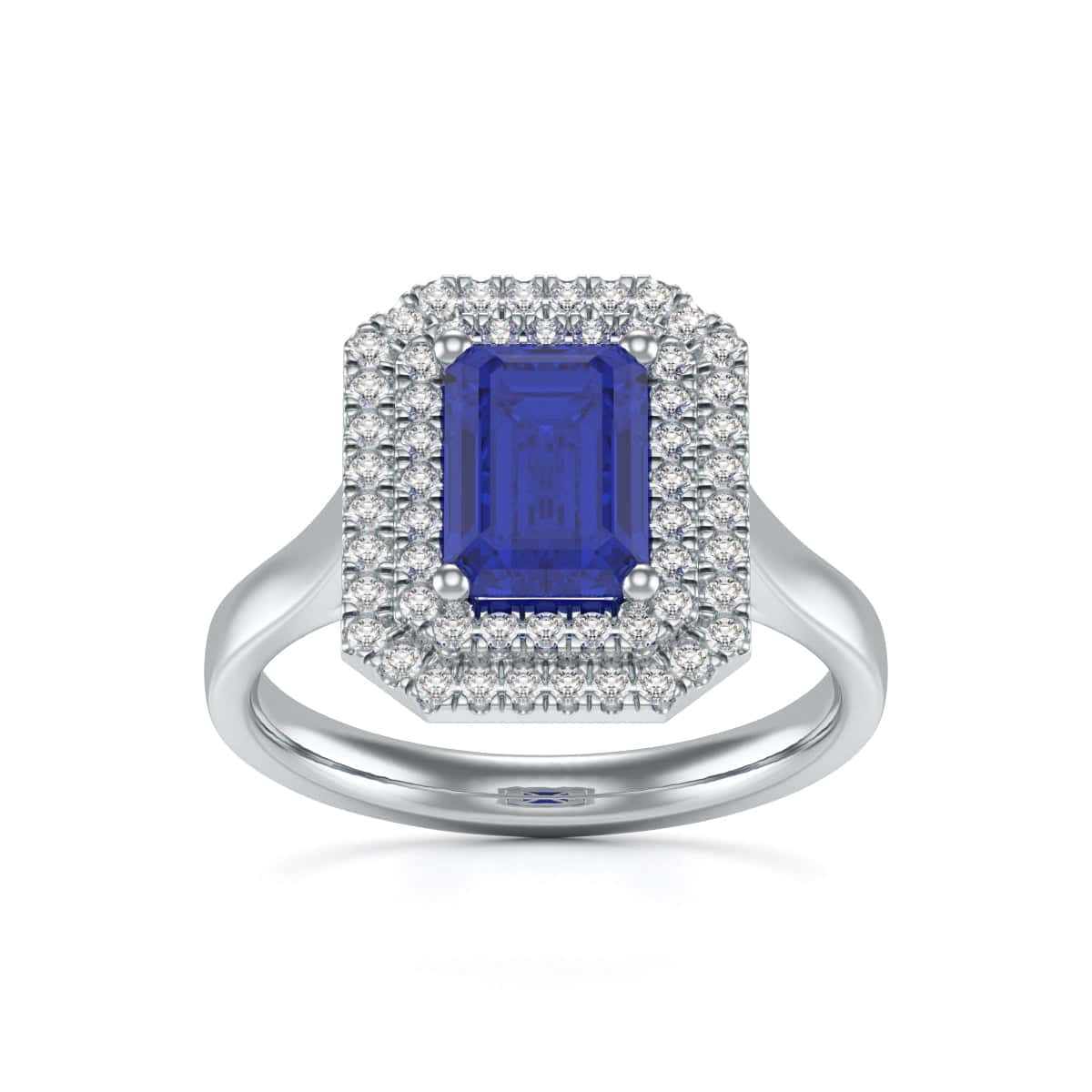 Double Diamond Halo with Octagon Shape Sapphire Ring