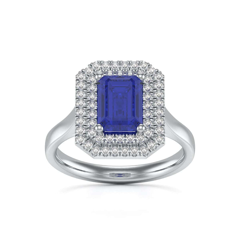 Double Diamond Halo Octagon Shape Sapphire Engagement Ring in 18ct Gold and Platinum