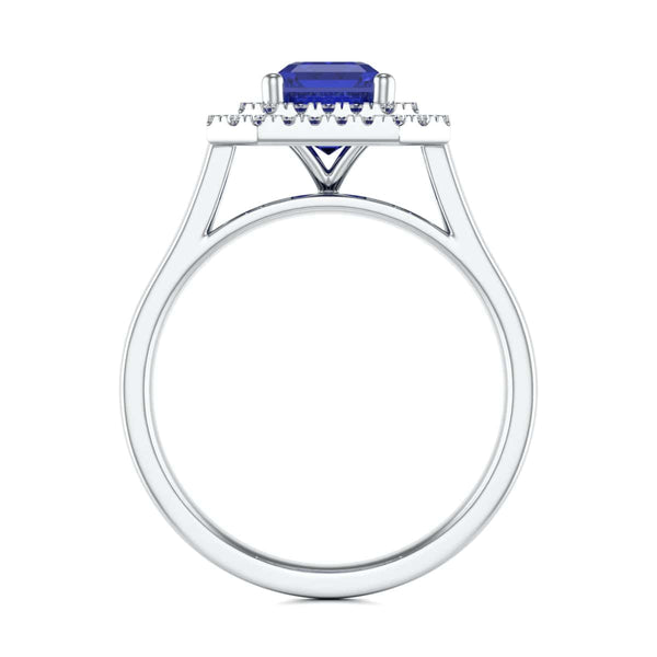 Double Diamond Halo Octagon Shape Sapphire Engagement Ring in 18ct Gold and Platinum