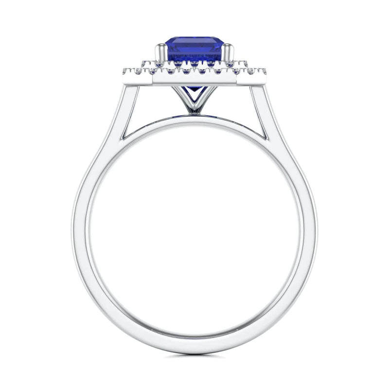 Double Diamond Halo Octagon Shape Sapphire Engagement Ring in 18ct Gold and Platinum