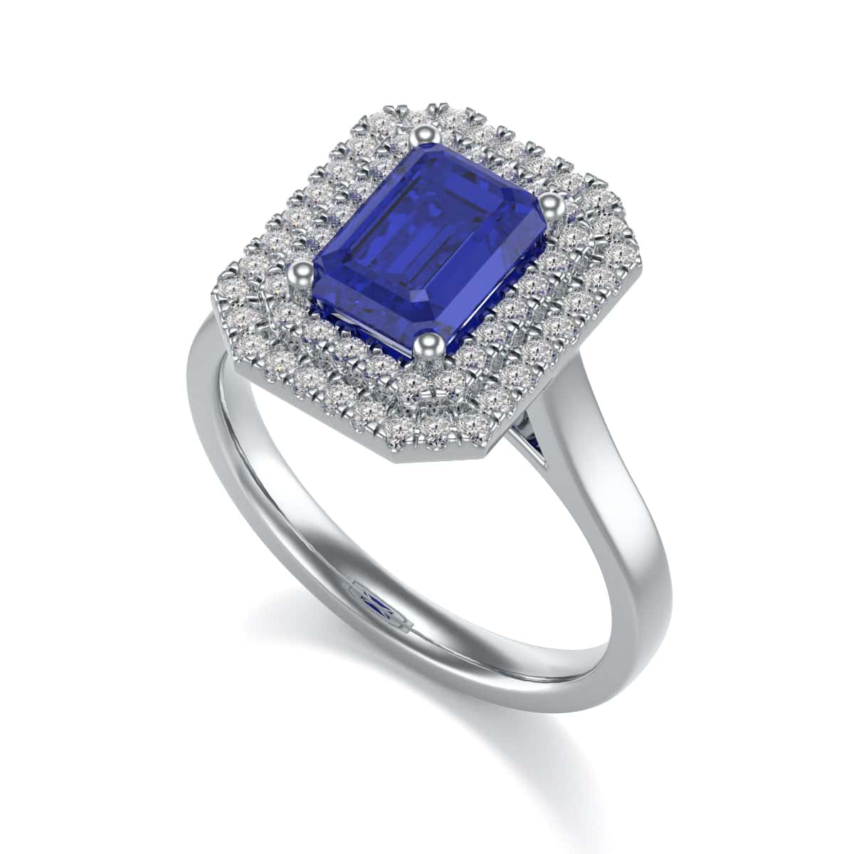 Double Diamond Halo with Octagon Shape Sapphire Ring