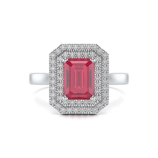 Double Diamond Halo Octagon Shape Ruby Engagement Ring in 18ct Gold and Platinum