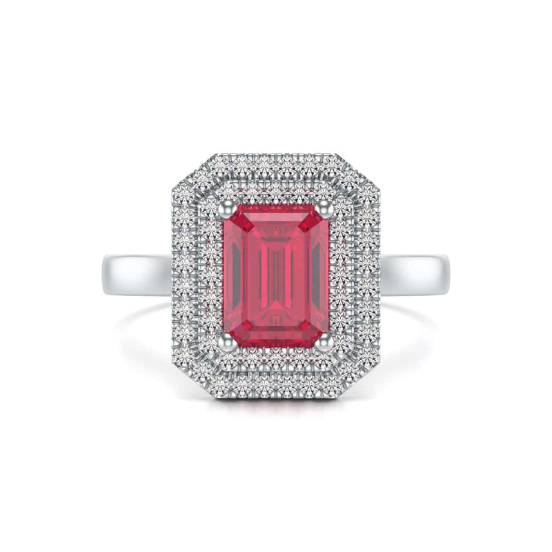 Double Diamond Halo Octagon Shape Ruby Engagement Ring in 18ct Gold and Platinum