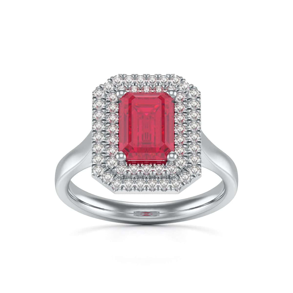Double Diamond Halo Octagon Shape Ruby Engagement Ring in 18ct Gold and Platinum