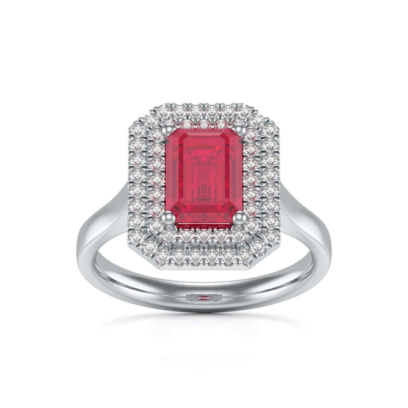 Double Diamond Halo Octagon Shape Ruby Engagement Ring in 18ct Gold and Platinum