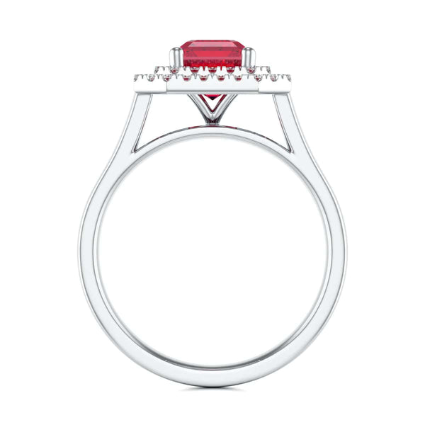 Double Diamond Halo Octagon Shape Ruby Engagement Ring in 18ct Gold and Platinum