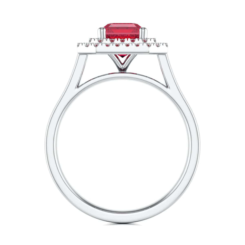 Double Diamond Halo Octagon Shape Ruby Engagement Ring in 18ct Gold and Platinum