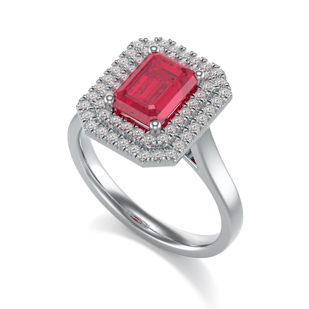 Octagon Ruby Centre Stone with Diamond halo Ring