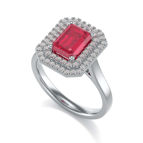 Double Diamond Halo Octagon Shape Ruby Engagement Ring in 18ct Gold and Platinum