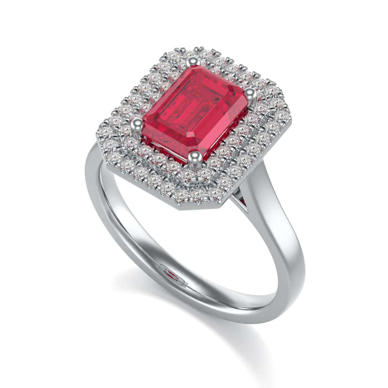 Double Diamond Halo Octagon Shape Ruby Engagement Ring in 18ct Gold and Platinum