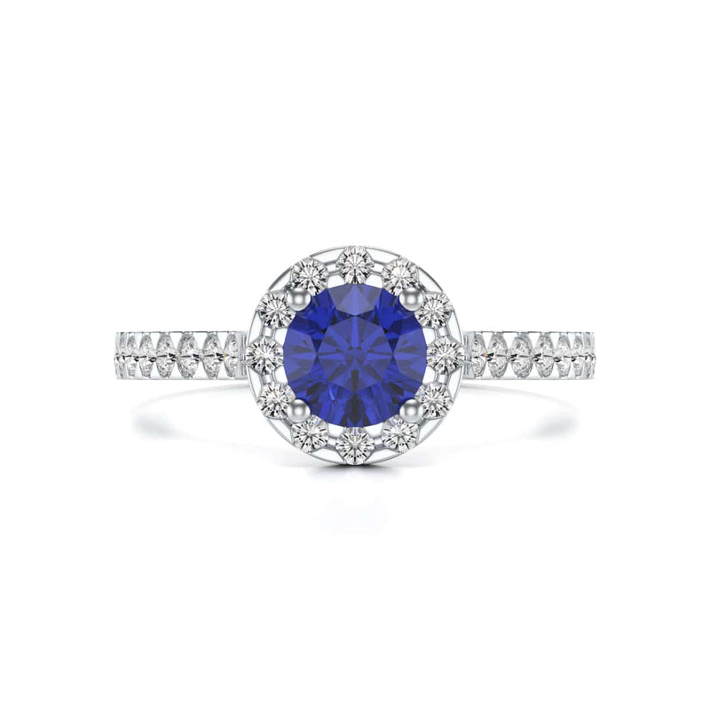 Round Shape Blue Sapphire Engagement Ring - Diamond Halo in 18ct Gold and Platinum