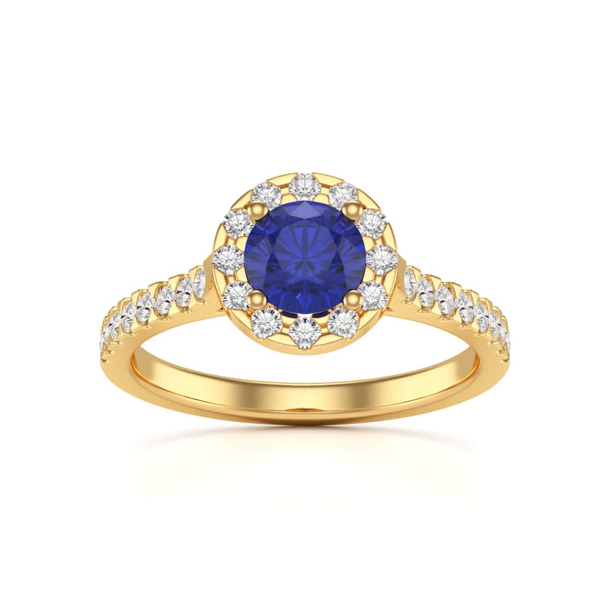18ct Gold  Diamond Halo Blue Sapphire Engagement Ring - Round Shape