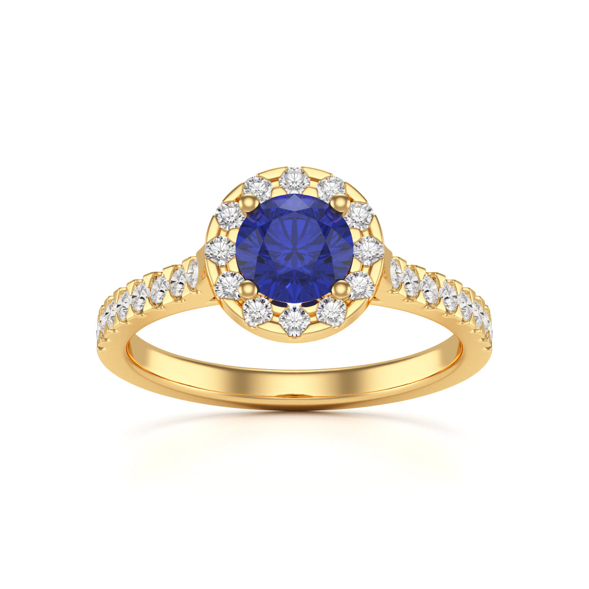 Sapphire Engagement Ring- Round Halo Scallop Shoulder Set