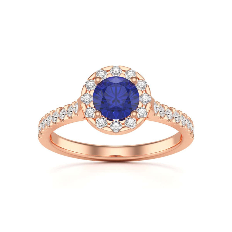 Round Shape Blue Sapphire Engagement Ring - Diamond Halo in 18ct Gold and Platinum