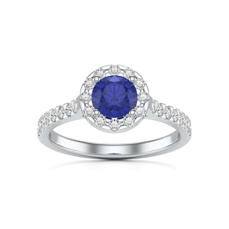 Round Shape Blue Sapphire Engagement Ring - Diamond Halo in 18ct Gold and Platinum
