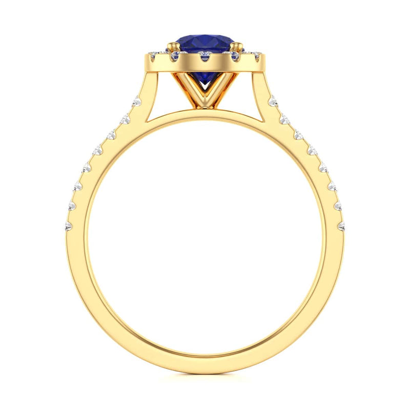 Round Shape Blue Sapphire Engagement Ring - Diamond Halo in 18ct Gold and Platinum