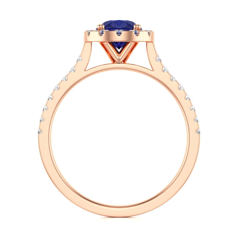 Round Shape Blue Sapphire Engagement Ring - Diamond Halo in 18ct Gold and Platinum