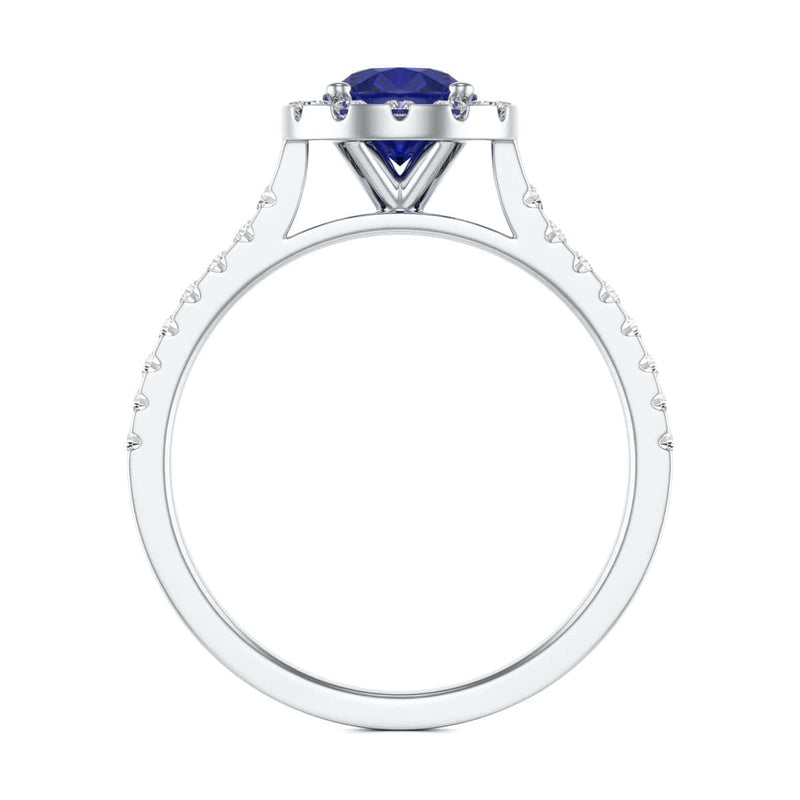 Round Shape Blue Sapphire Engagement Ring - Diamond Halo in 18ct Gold and Platinum
