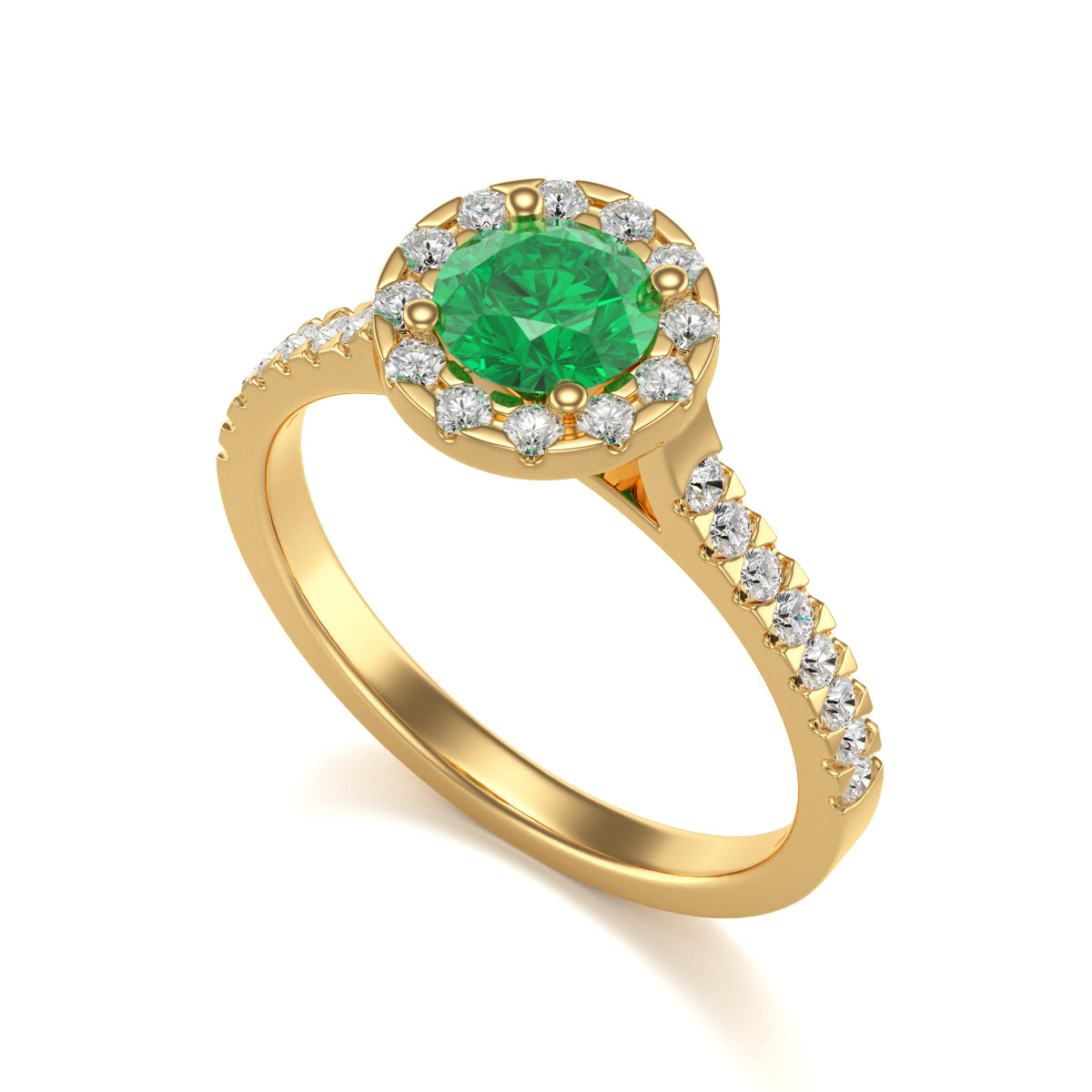 Emerald Engagement Ring- Round Halo Scallop Shoulder Set