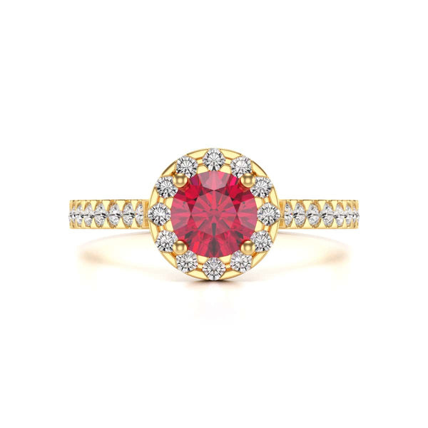 Diamond Halo Round Shape Ruby Engagement Ring in 18ct Gold and Platinum