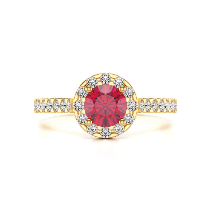 Diamond Halo Round Shape Ruby Engagement Ring in 18ct Gold and Platinum