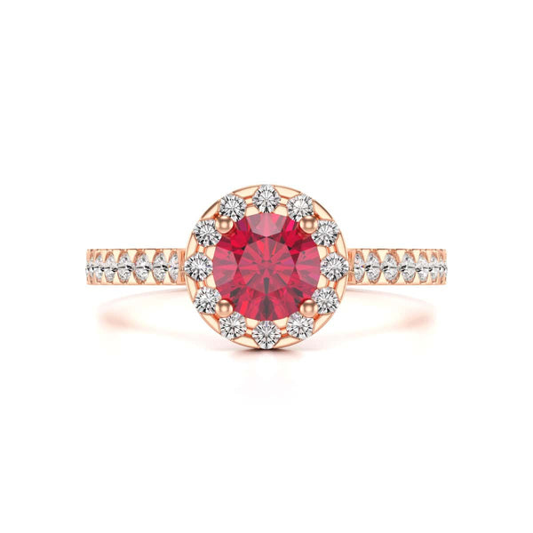 Diamond Halo Round Shape Ruby Engagement Ring in 18ct Gold and Platinum