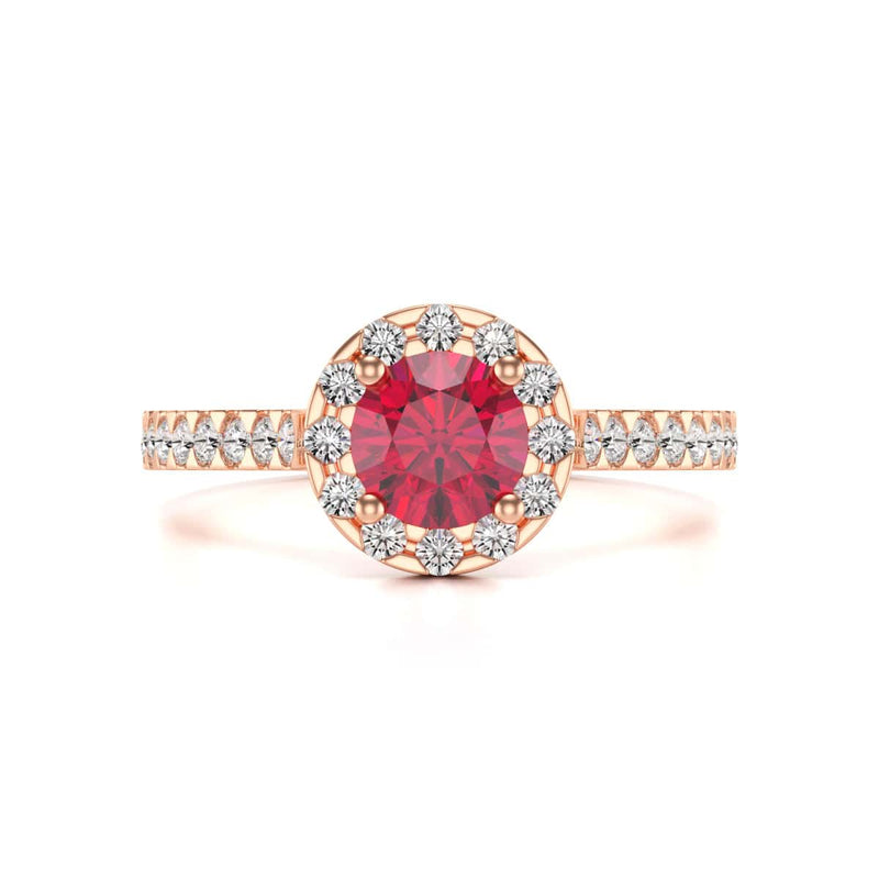 Diamond Halo Round Shape Ruby Engagement Ring in 18ct Gold and Platinum