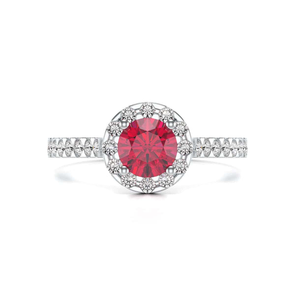 Diamond Halo Round Shape Ruby Engagement Ring in 18ct Gold and Platinum